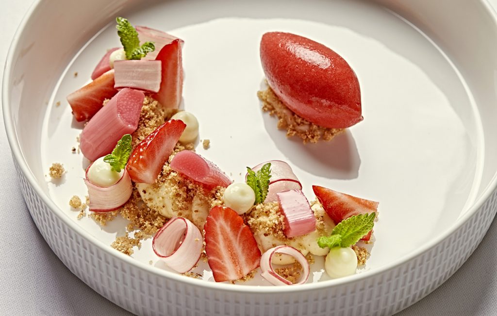 RhabarberFeld: Zweierlei WeißeSchokoladenCreme, geschmorter VanilleHimbeerRhabarber und frisches ErdbeerSorbet