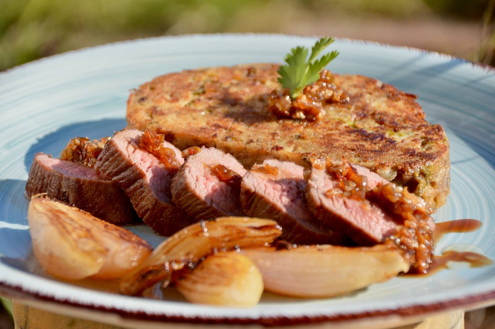 Steak mit Serviettenknödel und koreanischer Steaksauce mit Bierzwiebel