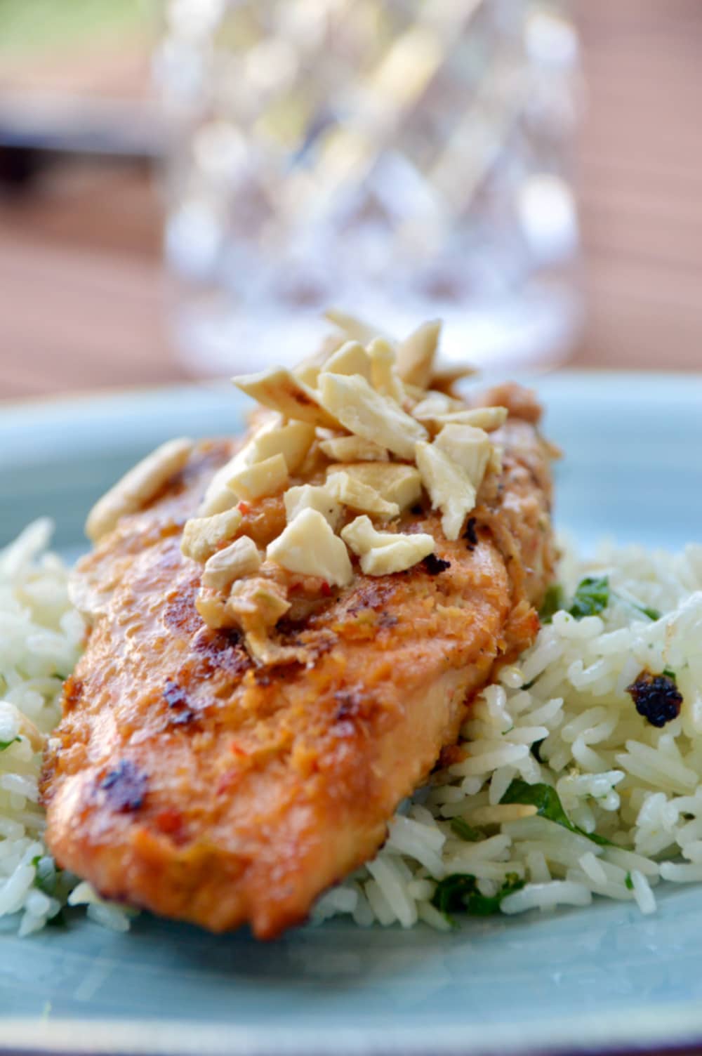 Nahaufnahme Lachs auf Zitronenreis mit gehackten Cashewnüssen