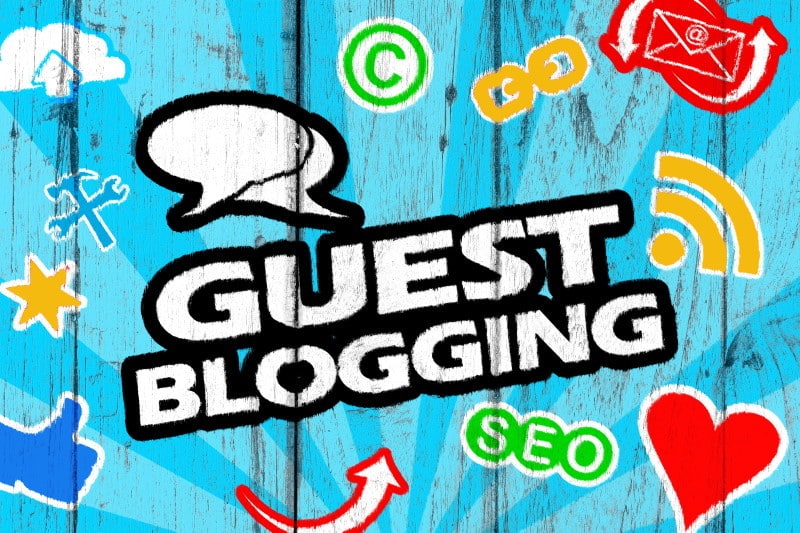 Gastartikel - Guestblogging auf blauen Brettern mit SEO, Email und Social Media Symbolen