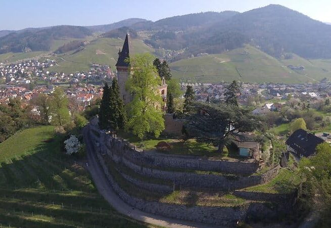 Luftbild der Burg Rodeck bei Kappelrodeck im Frühling