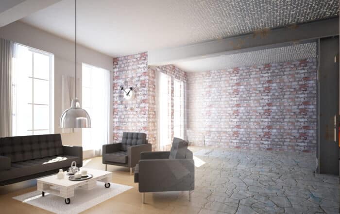 Wohnzimmeransicht links renoviert mit schicken Sofa und Sesseln mit fließendem Übergang zu unrenovierten rechten Seite ohne Möblierung