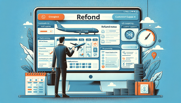 KI generierte Illustration: Mann mit Koffer steht vor überlebensgroßem Computer Bildschirm auf dem ein Forumular einer Airline für Rückerstattung zu sehen ist.