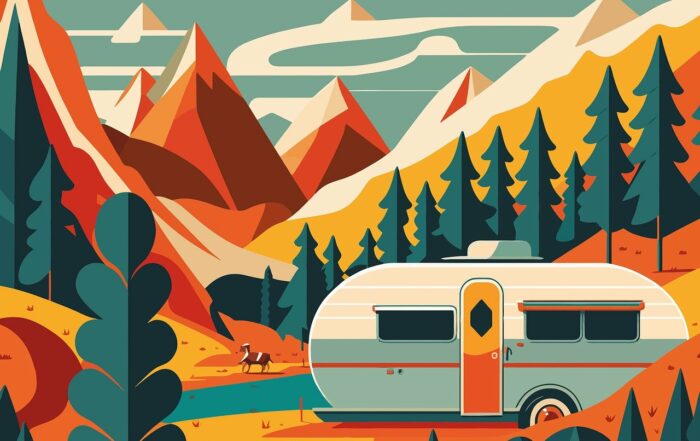 Illustration in gedeckten Tönen gelb grün und rostrot. Ein Wohnwagen steht vor einem Tannenwäldchen in den Bergen. Auf einer Wiese im Hintergrund springt ein Pferd.