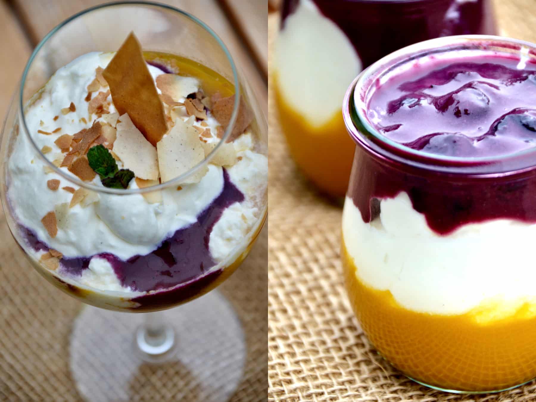 Bildcollage der Mango-Blaubeer Dessert Serviervariationen im Stilglas und Dessertglas - Mango-Blaubeer-Trifle