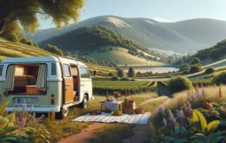 KI generiertes Bild mit Campervan im Vordergrund neben Picknickdecke vor malerischer gründer Landschaft mit sanften Hügeln