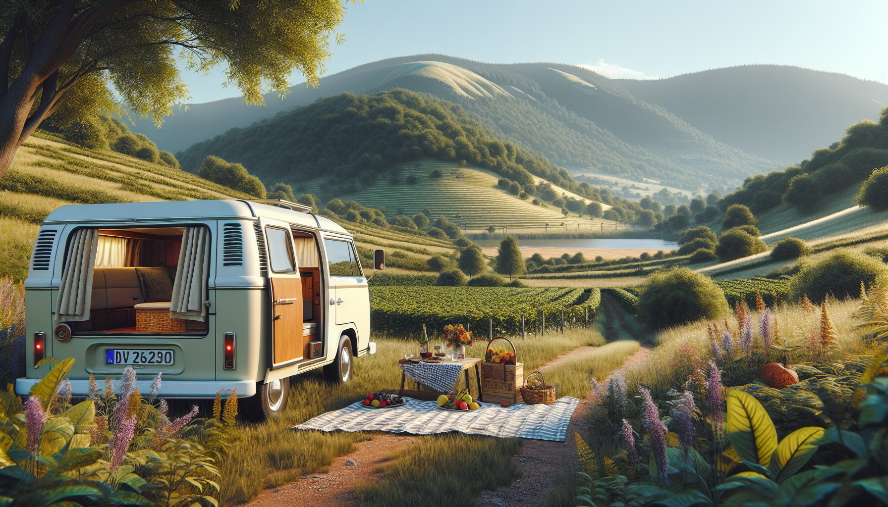 KI generiertes Bild mit Campervan im Vordergrund neben Picknickdecke vor malerischer gründer Landschaft mit sanften Hügeln