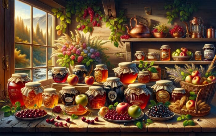 Illustration im nostalgischhn Stilverschiedene Marmeladengläser auf einem Holzitisch und dahinter in einem Holzregal