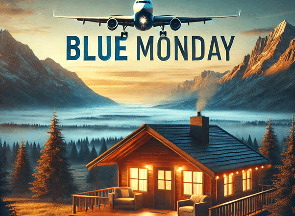 Flugzeug über gezeichneter Traumlandschaft mit Schriftzug Blue Monday unterhalb des Flugzeugs