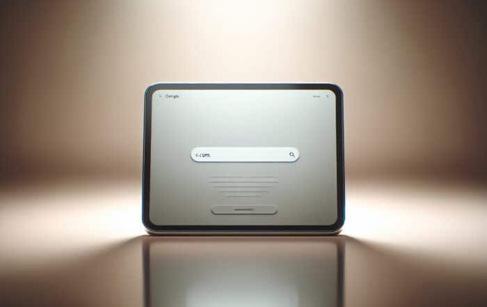 Bildschirm mit Suchfeld auf hellgrauem Hintergrund auf spiegelndem Untergrund in grautönen