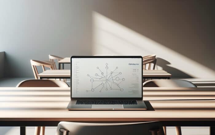 Laptop auf hellem Holztisch zeigt auf dem Bildschirm eine Vernetzung mit vielen Knotenpunkten.