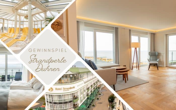 Titelfoto für das Gewinnspiel mit einer Fotocollage des Hotels Strandperle Duhnen und einer Auswahl an Zimmerbildern, Wellnessbereich und Außenaufnahme