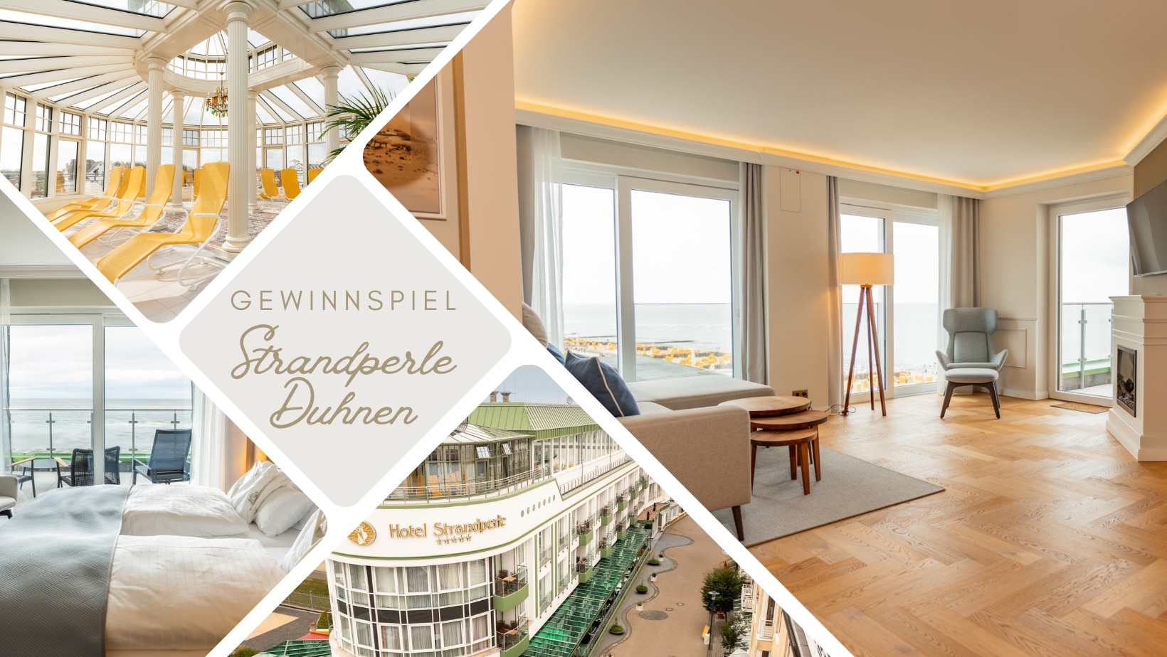 Titelfoto für das Gewinnspiel mit einer Fotocollage des Hotels Strandperle Duhnen und einer Auswahl an Zimmerbildern, Wellnessbereich und Außenaufnahme