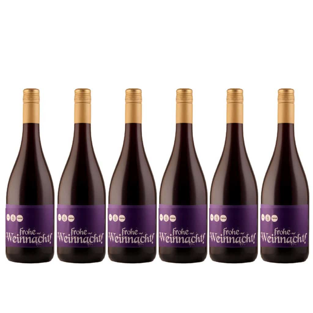 2021-Pinot-Noir-trocken-_frohe-Weinnacht_-1 Sechs Flaschen Rotwein mit goldfarbenem Verschluss und lila Etikett mit der Aufschrift ‚Frohe Weihnachten‘.