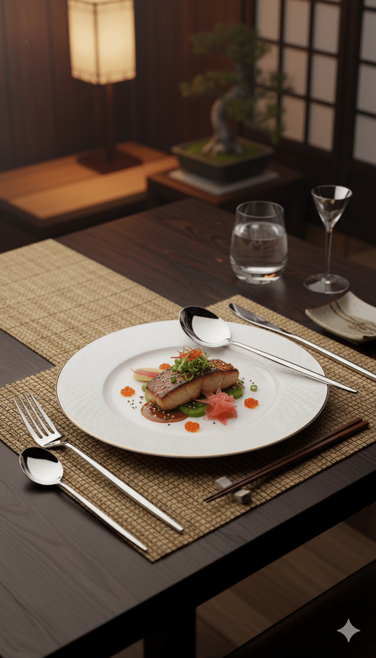 6116 Lotus, mood shot 1, ai Gedeckter Tisch mit einem Teller, darauf ein kunstvoll angerichtetes Gericht, und elegantes Besteck daneben.