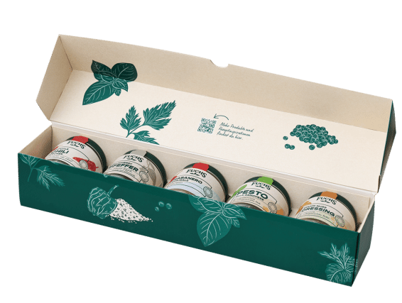 Fuchs Bestseller Geschenkbox Fuchs Geschenkbox: Fünf Gewürzgläser liegen in einer grünen Box