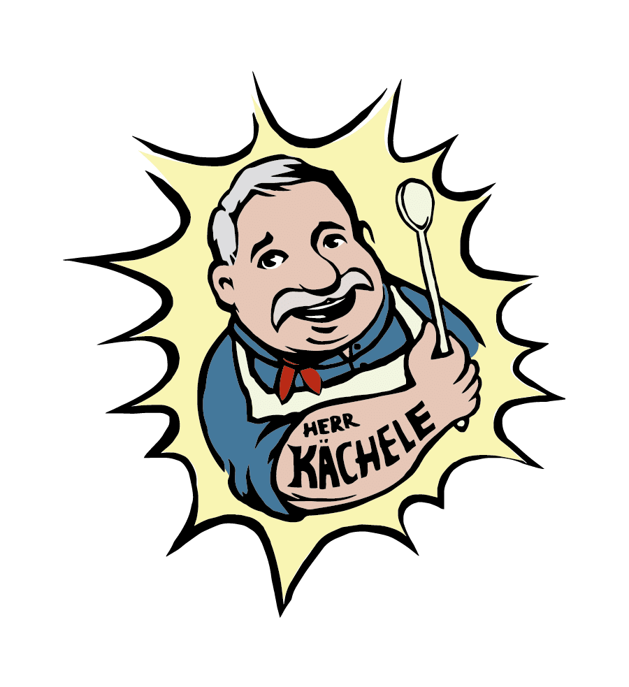 HK-Logo-Figur1 Logo Herr Kächele: Illustration einer Figur mit Kochlöffel in der Hand, umgeben von einer gelben Sternform, mit dem Schriftzug ‚Herr Kächele‘ auf dem Arm.