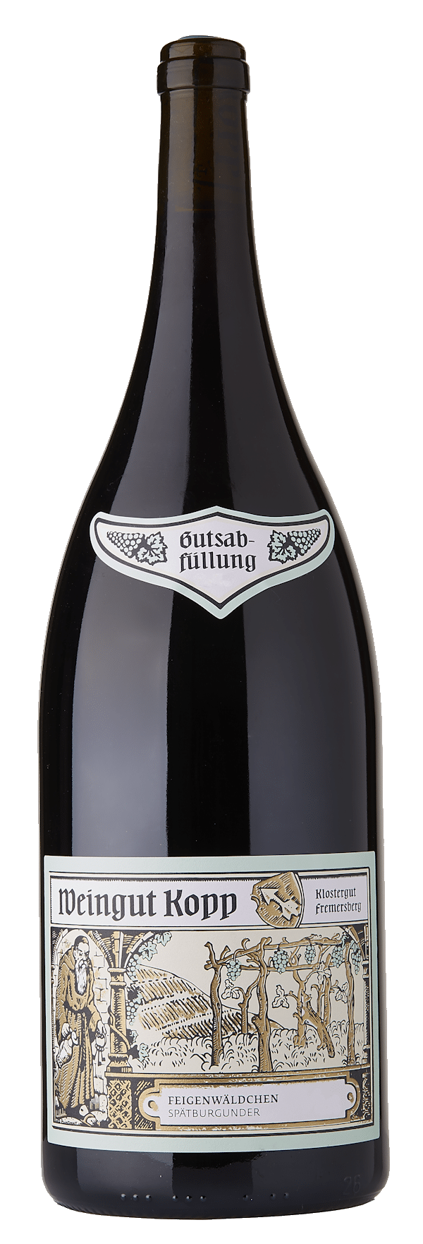 Eine dunkle Weinflasche mit dem Etikett ‚Weingut Kopp‘ und einer grafischen Illustration von Weinreben. Auf dem Hals der Flasche befindet sich ein zusätzliches Etikett mit der Aufschrift ‚Qualitätswein‘.