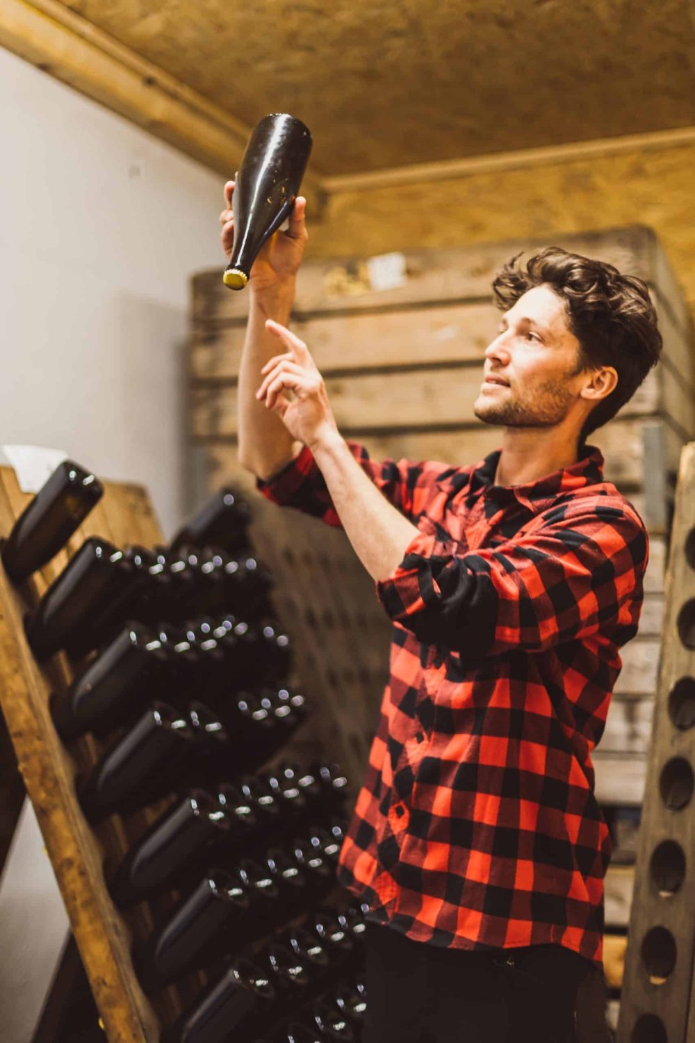 Benjamin Lanz Weingut Lanz-7529 Benjamin Lanz mit Weinflasche vor einem Weinregal