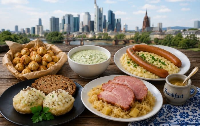 Frankfurter Spezialitäten vor der Skyline Frankfurts KI-generiert