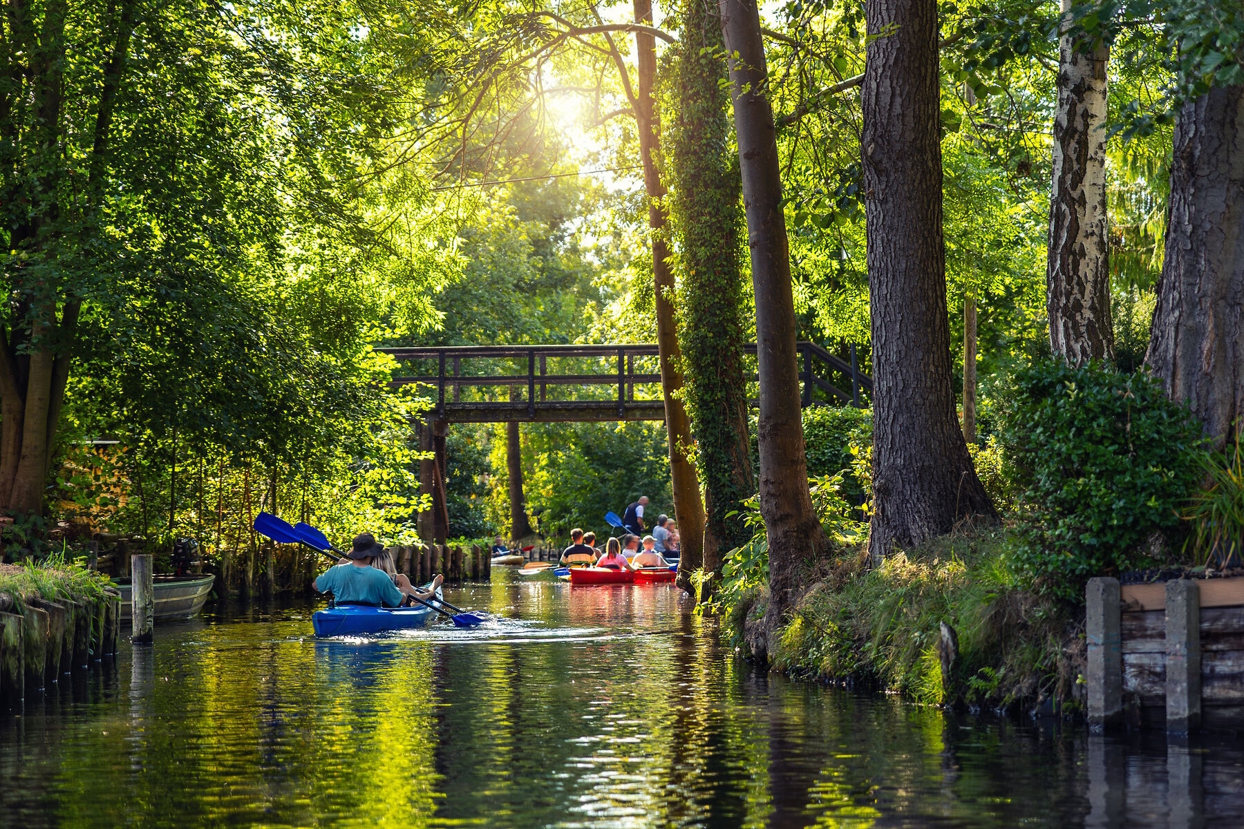 People paddling kayaks canal dense green forest bright summer sunlight reflections on water surface. Scenic wetland landscape creates peaceful atmosphere for outdoor recreation and travel exploration.