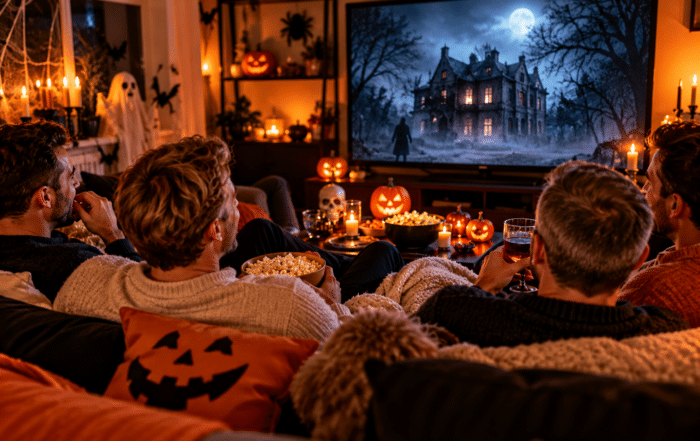 Beitragsbild Halloween Filmtipps KI generiert. 4 Freunde sitzen mit einer Schüssel Popcorn auf einem Sofa vor großem Bildschirm mit schaurigem Film