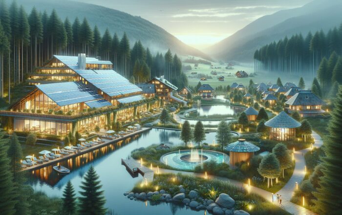 KI Abbildung eines großen Wellnessresorts in einem grünen Tal