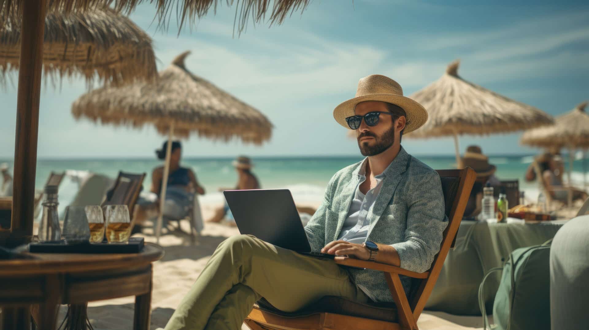 Mann in lässiger Sommerkleidung und Hut mit Laptop am Strand