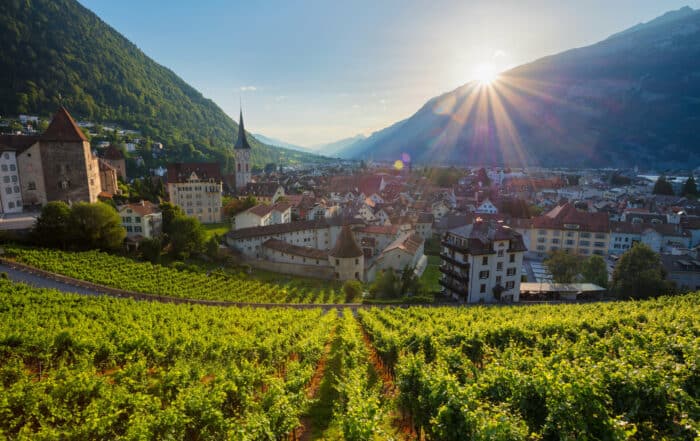 Blick auf Chur und die umliegenden Weinberge in Graubünden in der Schweiz