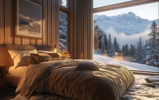 Luxuriöses Schlafzimmer, Detailaufnahme von gemütlichem Bett mit Kissen und warmen Decken und Blick aus bodentiefen Fenster auf verschneite Berglandschaft