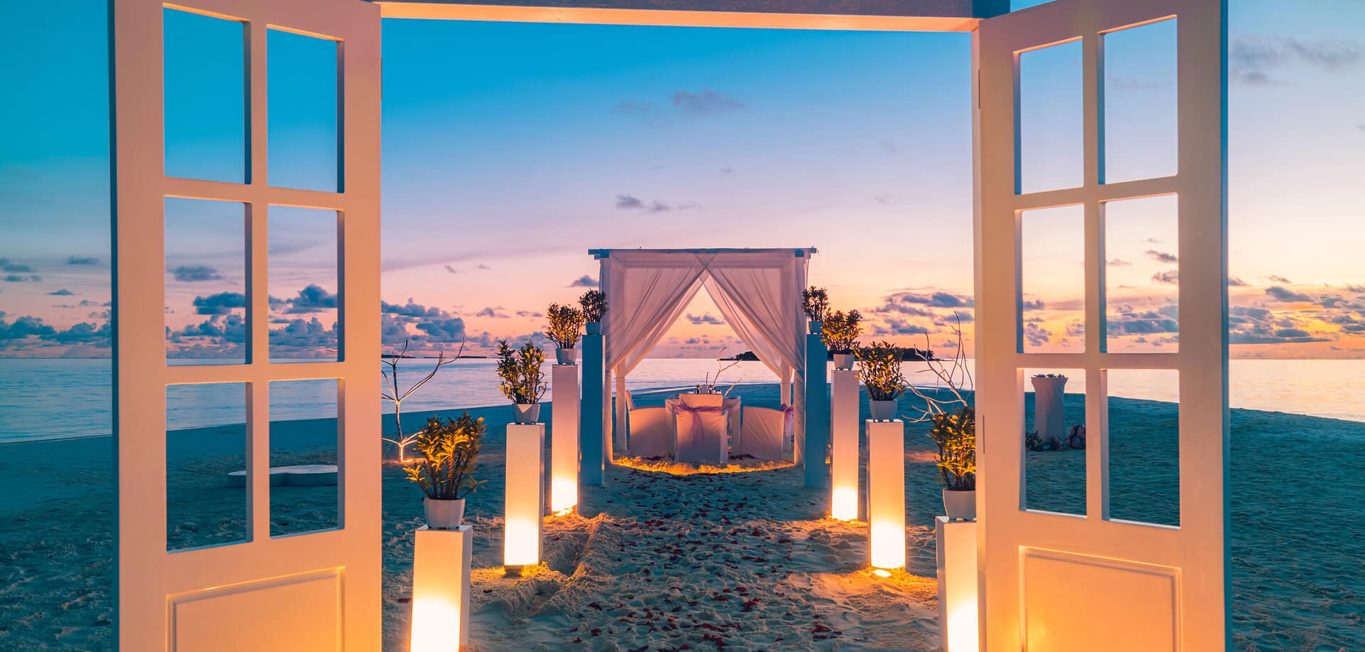 Candles white decoration pavilion, door close to sea sand beach.