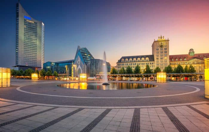 Leipzig, Germany. Cityscape image of Augustusplatz Leipzig downtown during beautiful sunset