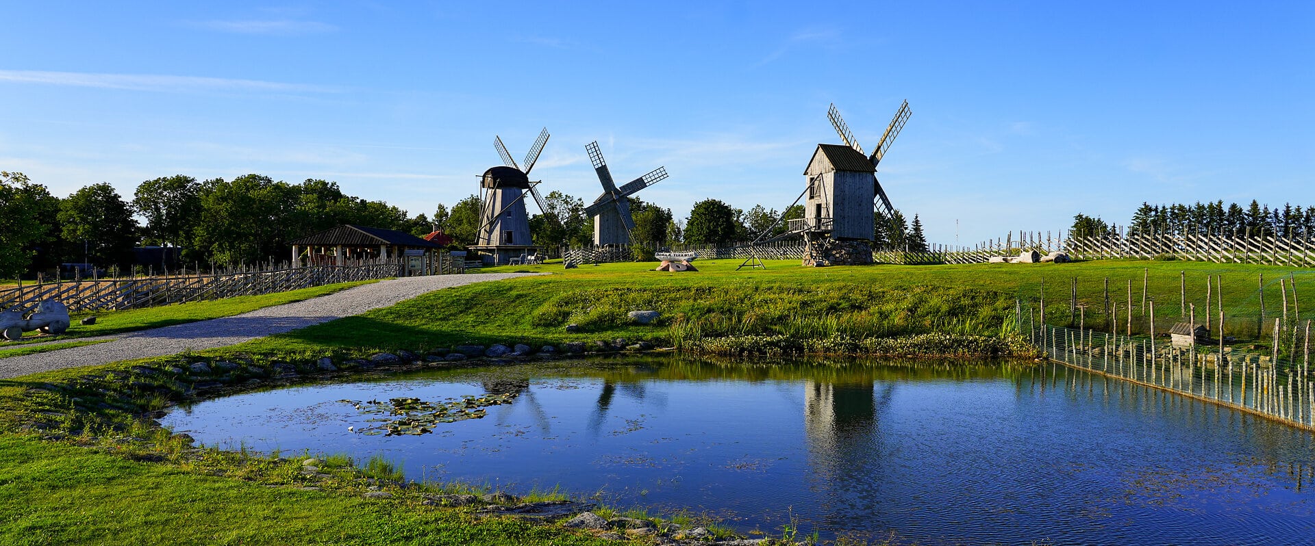 Traditional wooden windmills of Angla Windmill Park on Saaremaa Island, Estonia - Historic rural heritage and Baltic countryside landmark
