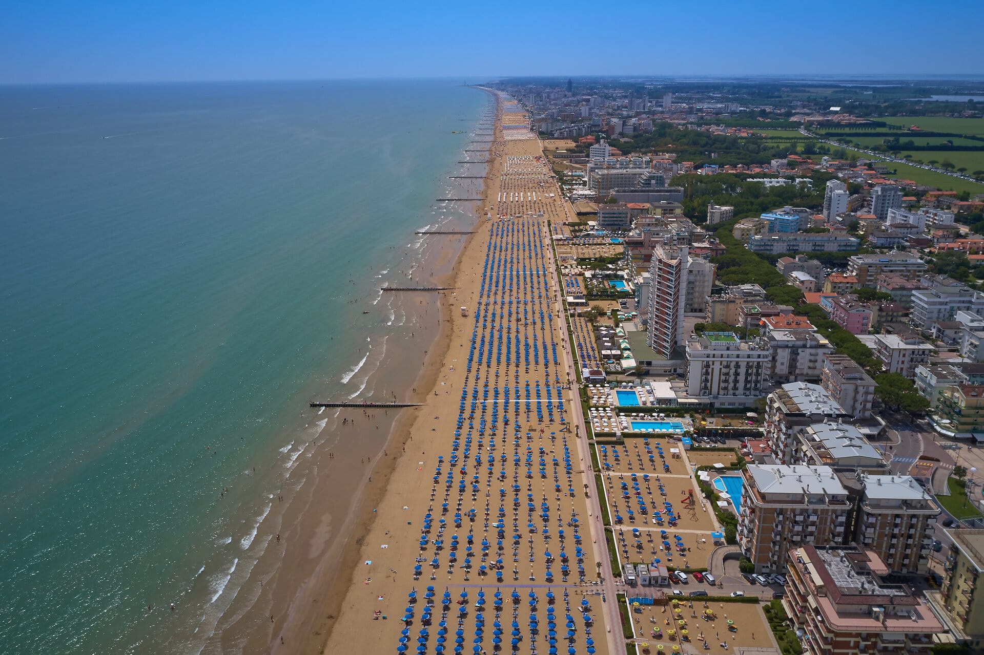 Aerial view Jesolo beach near Venice, Italy. Resort town in the north of Italy. Resorts of the Adriatic Sea.