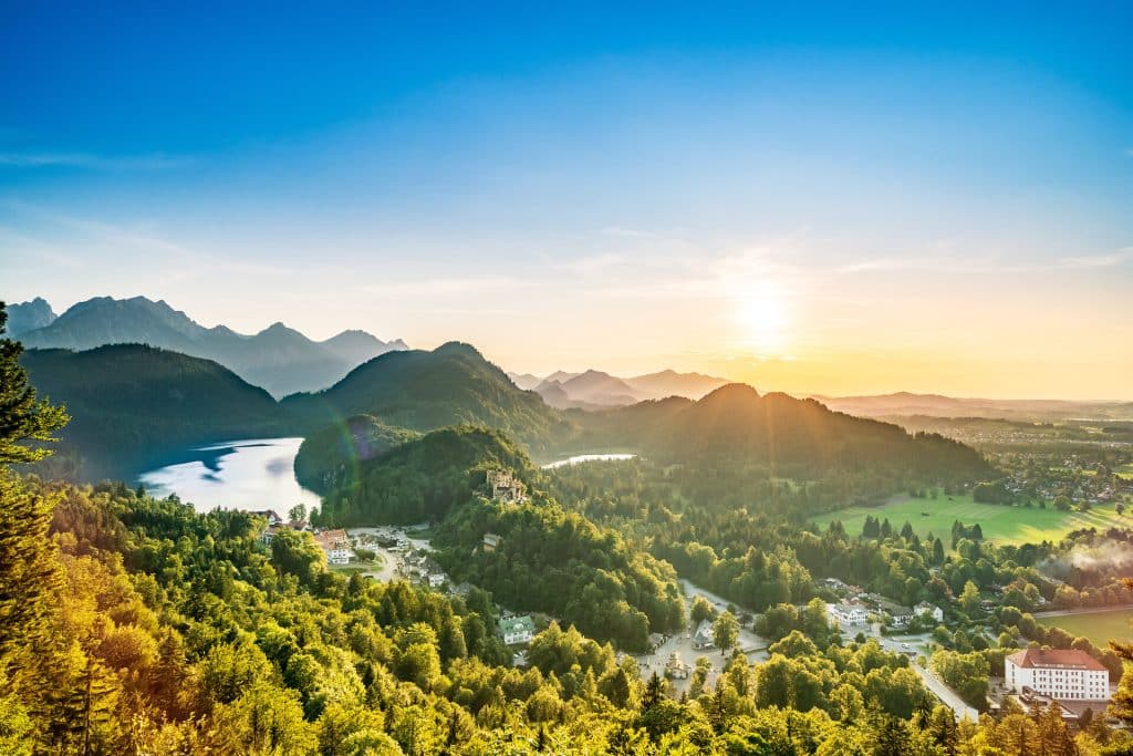 Aerial view of mountain area in southern Germany in the afternoon sunlight, like a beautiful landscape painting