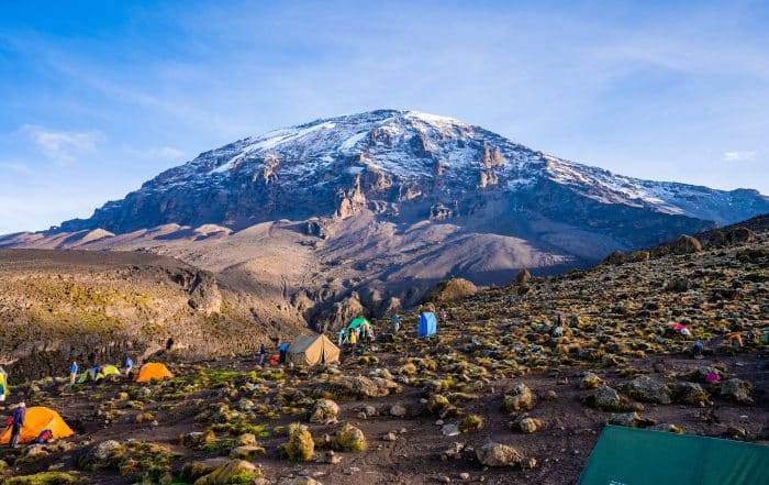 Camping on mount Kilimanjaro in tents to see the glaciers in Tanzania, Africa