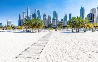 Dubai jumeirah beach with marina skyscrapers in UAE