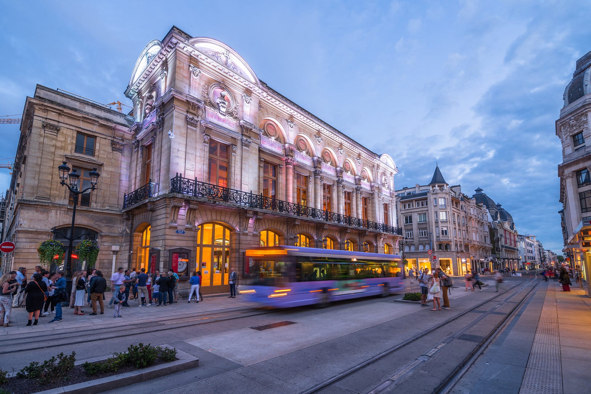 Evening view of beautiful Opera facade illumination in Reims, Champagne, France Evening view of beautiful Opera facade illumination in Reims, Champagne, France