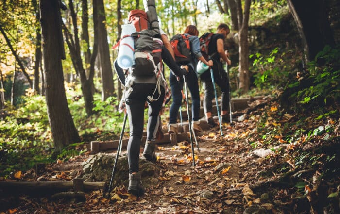 Group of friends with backpacks trekking together and climbing in forest