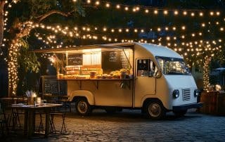 Outdoor food truck at night under string lights.