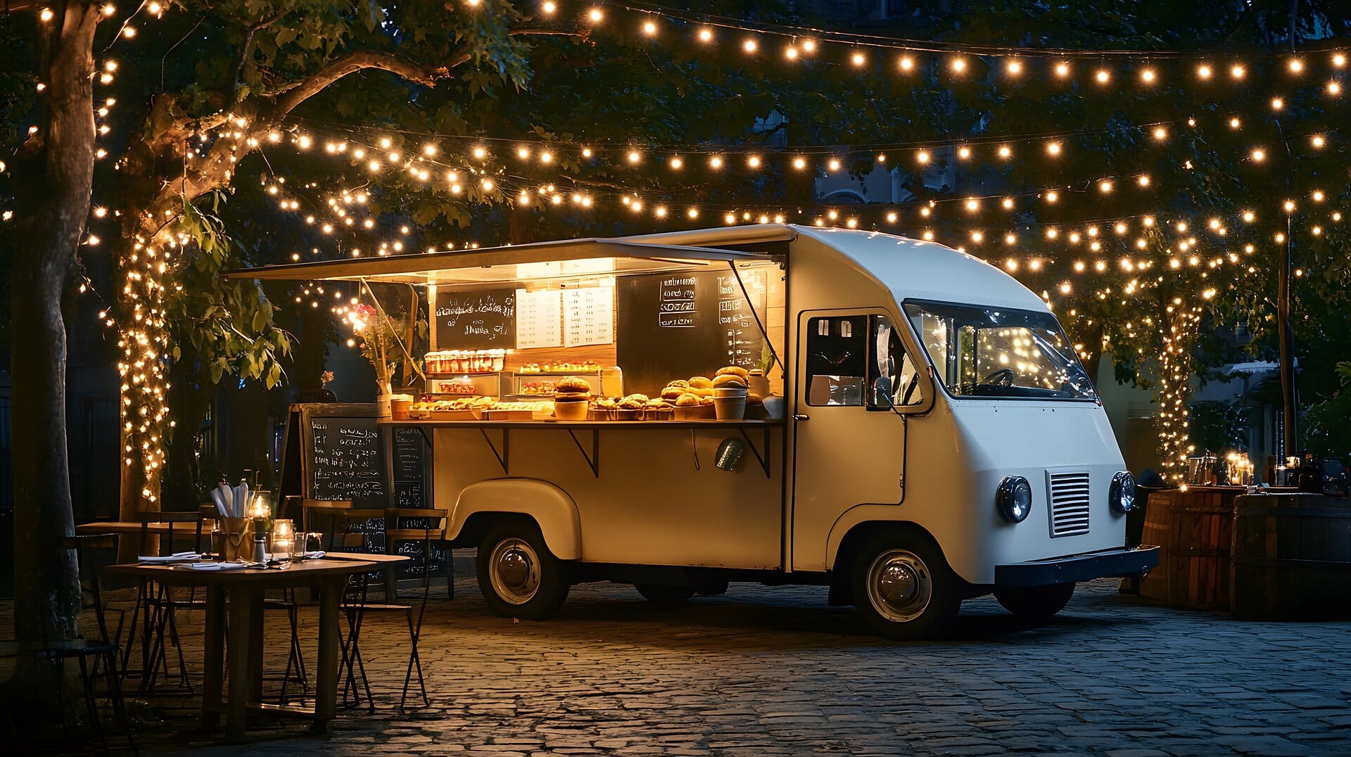 Outdoor food truck at night under string lights.