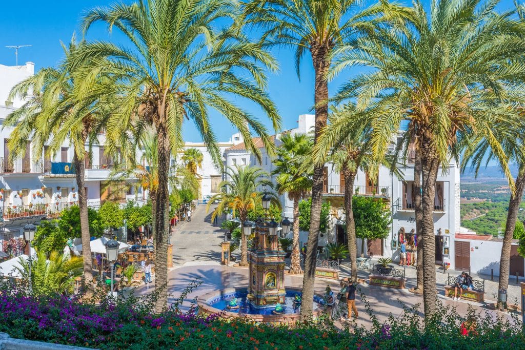 Plaza de Espana in Vejer de la Frontera, panorama view of this beautiful landmark in the province of Cadiz. Andalusia, Spain