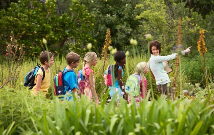 Lehrerin läuft mit einer Gruppe Schulkinder mit Rucksäcken durch einen Park und zeigt mit dem Arm nach vorne
