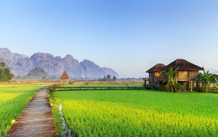 Green rice fields and mountains, Vang Vieng, Laos